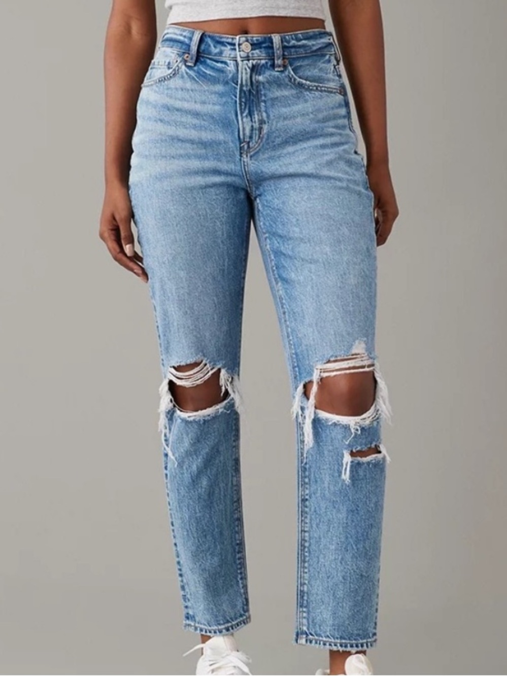 Light Blue Distressed High-Rise Straight Jeans